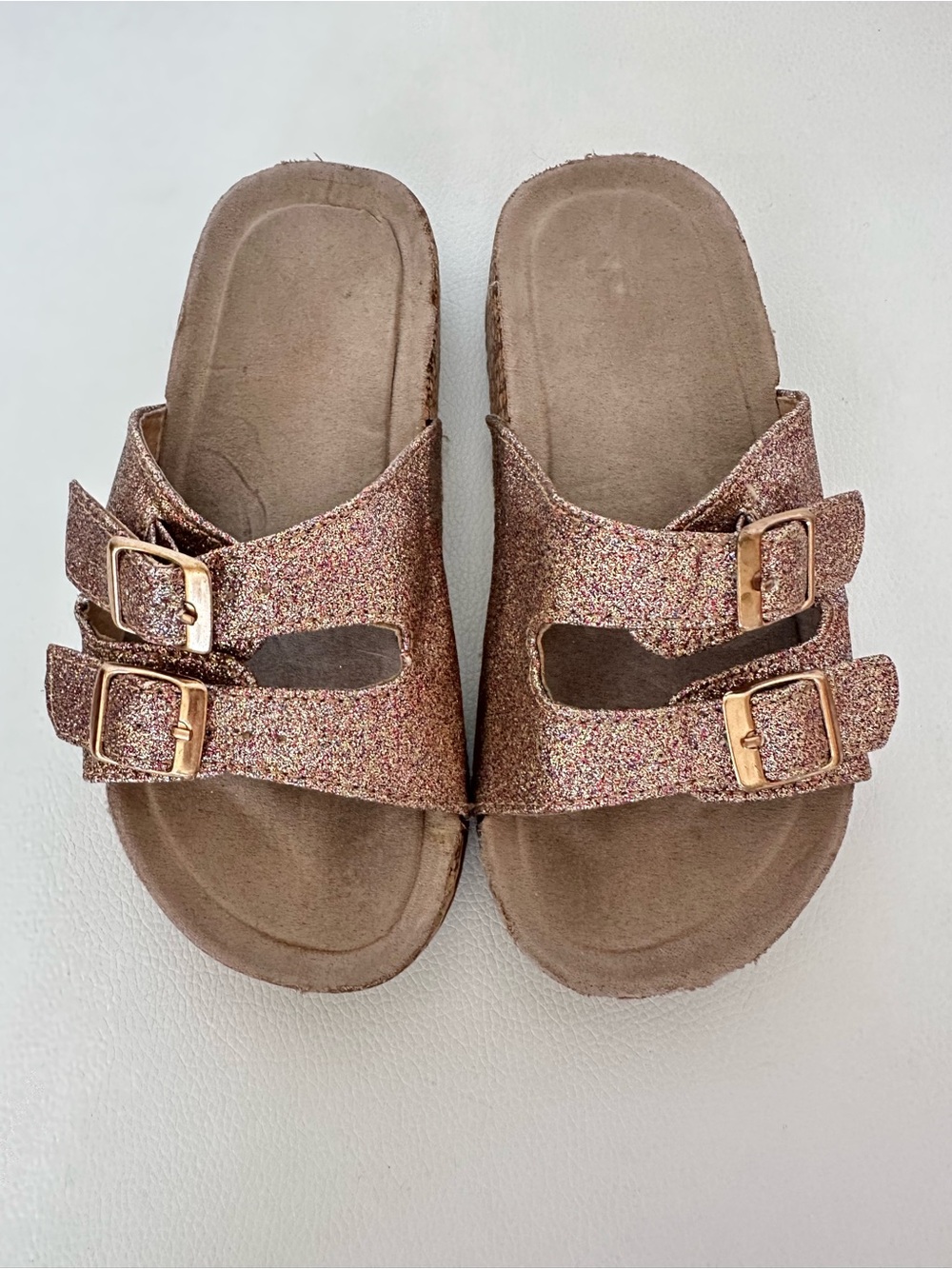 Girls Glitter Double Buckle Sandals Size 11 Rose Gold Cork Footbed Slides